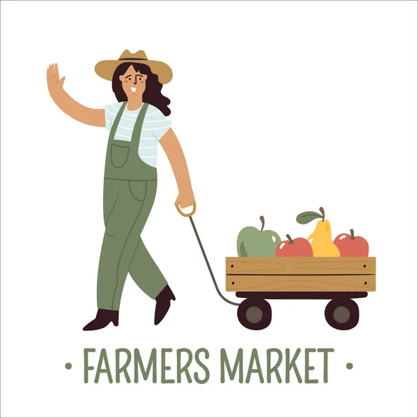 Női farmer overallt visel, fa kocsija van, almát és körtét árul. Gazdapiac, ökotermékek, élelmiszerbolt, zéró hulladékbolt, helyi piaci élelmiszer, friss és biotermékek — Stock Vector