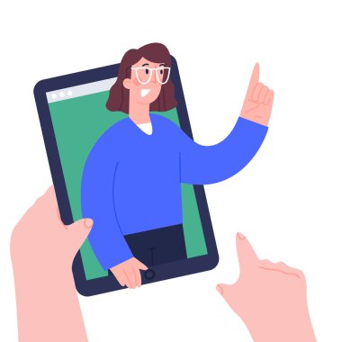 Çocuk elleri uzaklık dersleri, video kursu, web semineri, internet sınıfı, kişisel öğretmenlik hizmeti için dijital tableti deliğe sokuyor. Okul ve üniversite konsepti için çevrimiçi eğitim