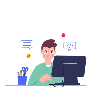 Çevrimiçi eğitim kavramı. Evdeki online dersi sırasında ödev okuyan tatlı bir çocuk, karantina sırasında sosyal mesafe, kendini izole etme, evde eğitim gören biri.