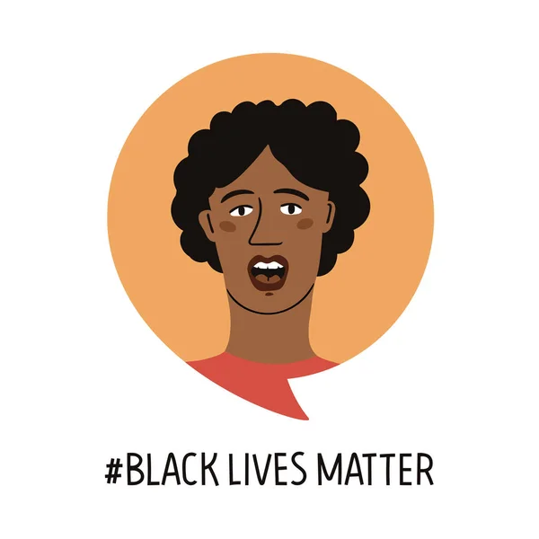 Vrouw met zwarte huid in spraakzeepbel. Protest, mars, piket, demonstratie, strijd voor mensenrechten, vrijheid, gelijkheid, tegen discriminatie, racisme — Stockvector