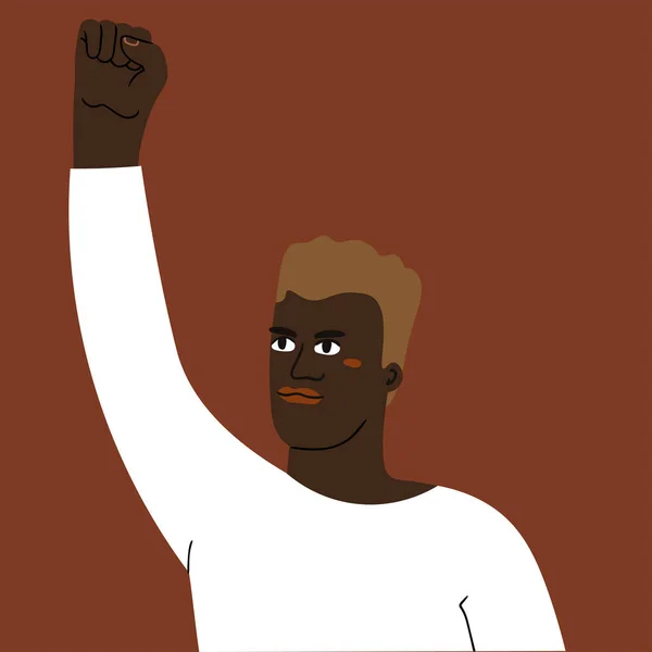 Protester African man with a raised fist. No racism concept.Protest, march, piquet, demonstration, fight for human rights, freedom hand drawn vector social card, poster, banner — Stock Vector