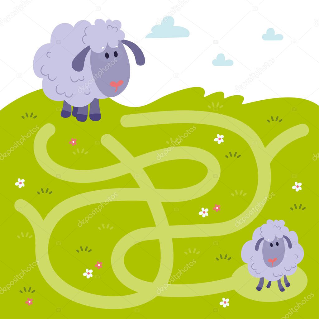 Maze, labyrinth education game. Puzzle games for children. Help the mother sheep find a little limb 