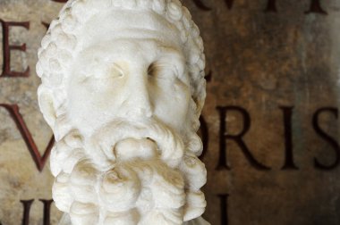 Heykel koleksiyonu klasik model. Arka plan eski latin kitabe. Roma, İtalya