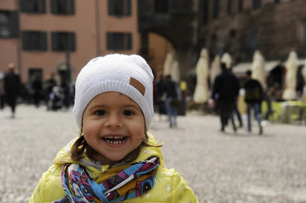 Cute Smiling Little Girl Portrait Winter Day Street Happy Children — Stock Photo, Image