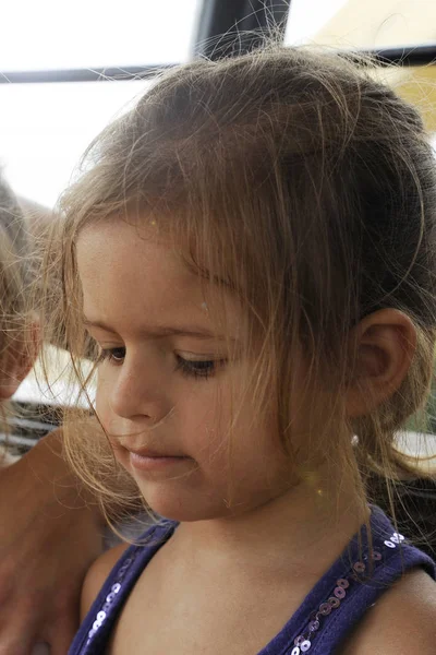 Child Portrait Cute Blonde Little Girl Disheveled Messy Hair Sadness — Stock Photo, Image