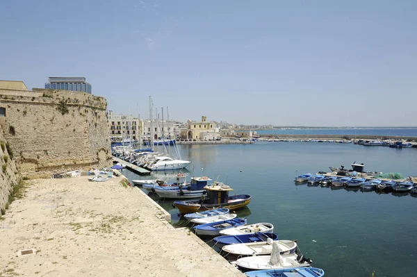 Fishing Boats Tied Piers Old City Castle Gallipoli Province Lecce — Stock Photo, Image