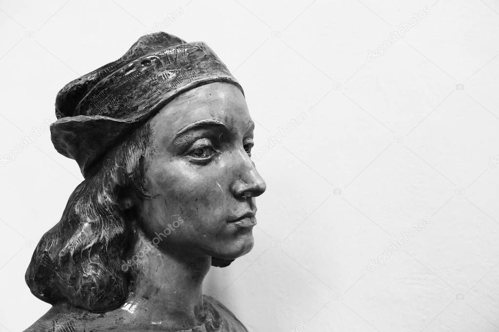 Bust of Raffaello Sanzio, known as Raphael. Copy space on the background.