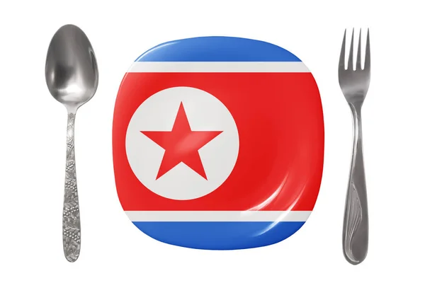 Plate with the North Korean flag. An empty plate with a spoon and fork on a white background. Isolated image