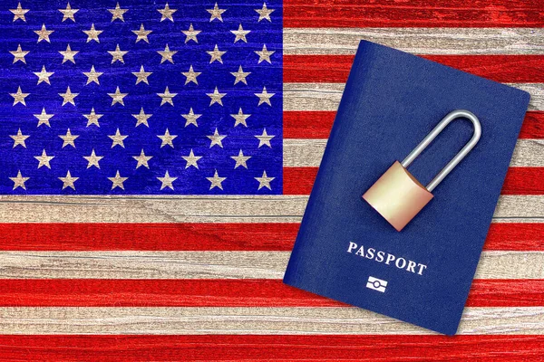Passport and padlock on background of the flag of the United States. Ban on leaving the country. Travel abroad is closed. US flag and passport. Ban on entering the country