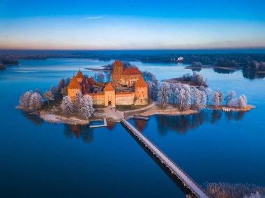 Trakai castle at winter, aerial view of the castle clipart