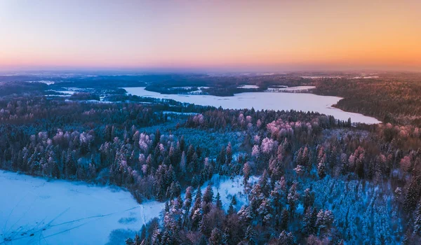 Vista aérea da floresta coberta de neve de inverno e lago congelado de cima capturado com um drone na Lituânia . — Fotografia de Stock