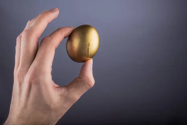 Ο άνθρωπος χέρι που κρατά το χρυσό αυγό σε ένα γκρίζο φόντο — Φωτογραφία Αρχείου