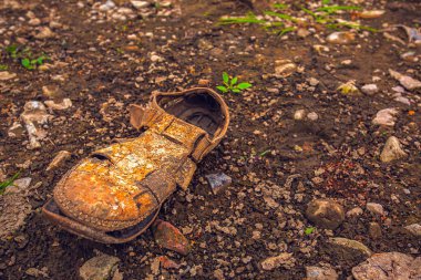 Küresel ısınmayla ilgili dünya sorunu, kuruyan topraktaki eski ayakkabı. Çöl. Onun sıcak, gezegendeki su küresel sıkıntısı