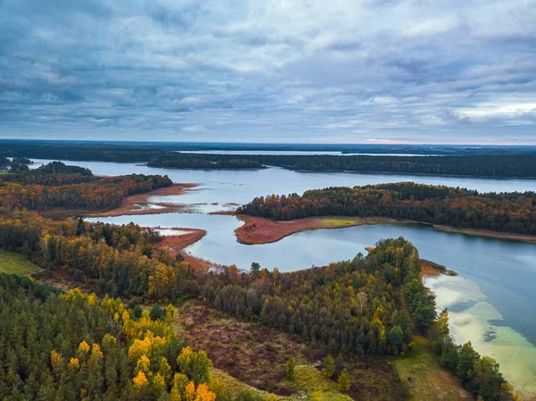 Aerial view over the lake with capes and bendings — Stock Photo, Image