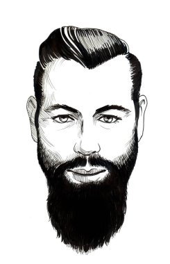 Sakallı adam yüz beyaz arka plan üzerinde. Mürekkep siyah ve beyaz çizim