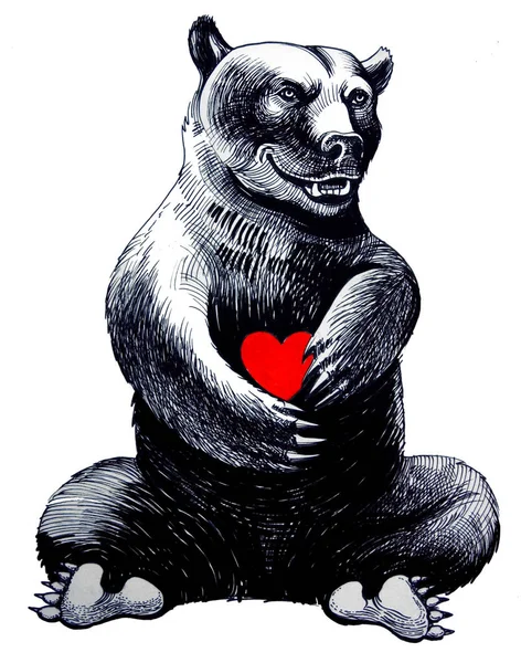 熊与一颗红色的心 — 图库照片