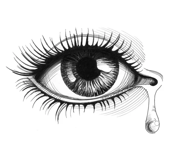 Beautiful Crying Eye Tear Ink Black White Illustration — Stock Photo, Image