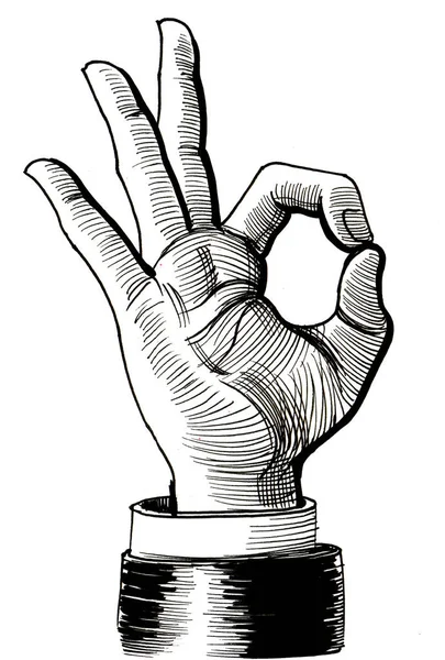 Mão Mostrando Sinal Tinta Desenho Preto Branco — Fotografia de Stock