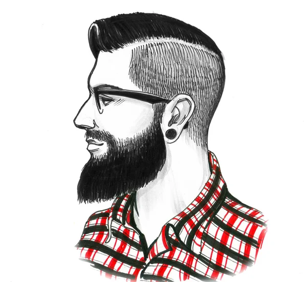 Homme Barbu Hipster Avec Des Lunettes Illustration Noir Rouge Blanc — Photo