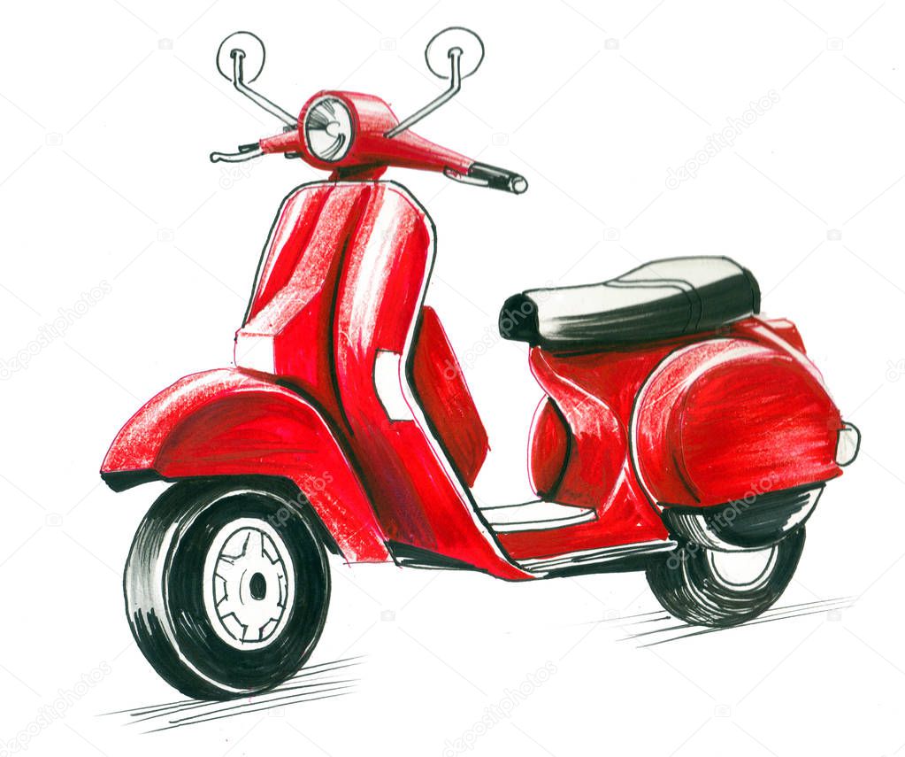 Red vintage scooter on a white background