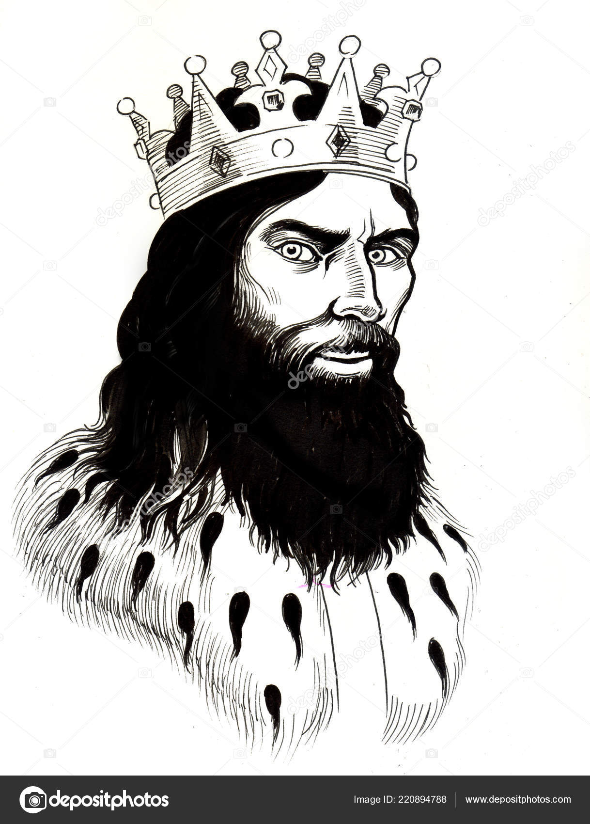 Skjeggete Konge Kronen Blekk Svart Hvit Tegning – stockfoto © alexblacksea  #220894788, image size:1218x1700