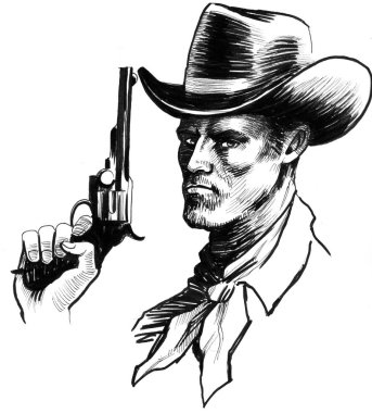 Kovboy şapkalı ve tabanca silah olan karakter. Mürekkep siyah beyaz resim
