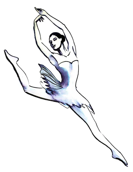 Dansende Ballerina Blæk Akvarel Illustration - Stock-foto