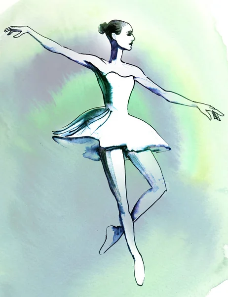 Ballerine Dansante Sur Fond Aquarelle Verte — Photo