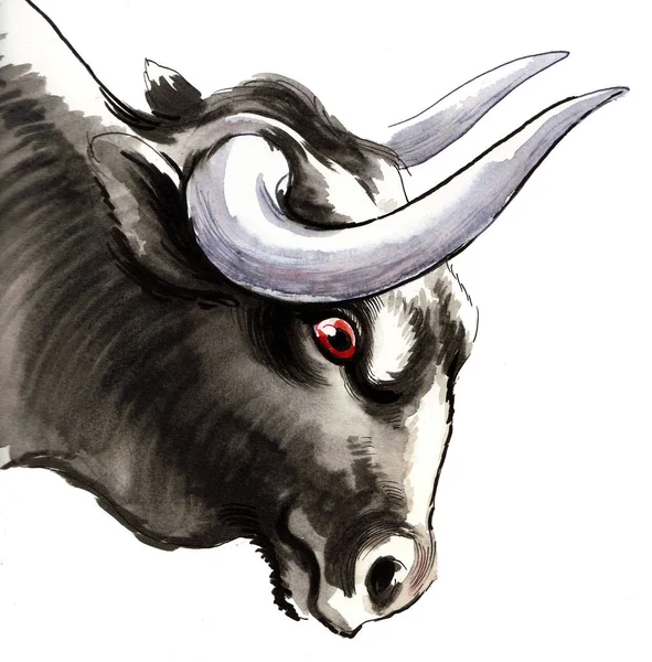 Gran Cabeza Toro Negro Ilustración Tinta Acuarela — Foto de Stock