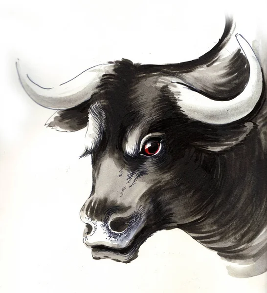 Black Bull Head Ink Watercolor Illustration — Stock Photo, Image