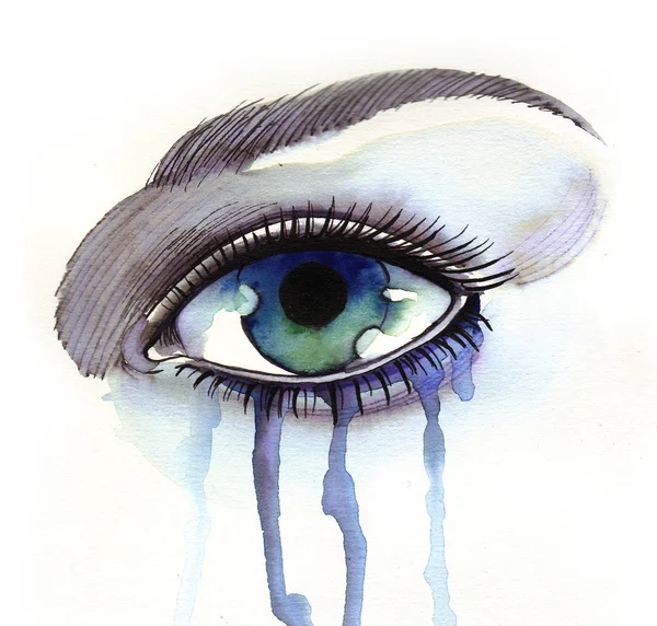 Beautiful crying eye. Ink and watercolor illustration