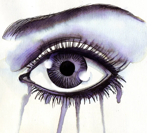 Beautiful Crying Eye Ink Watercolor Sketch — Stock Photo, Image