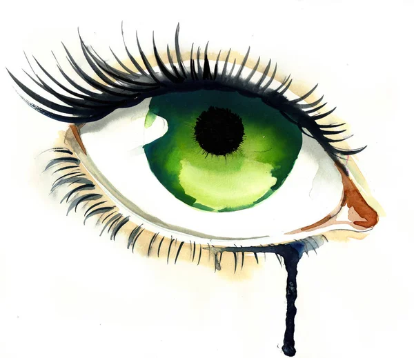 Beautiful crying eye on white background. Ink and watercolor sketch