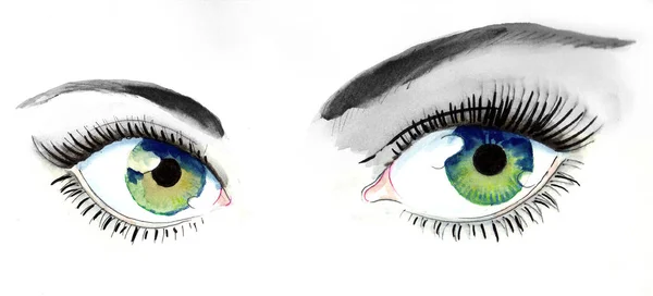 Lindos Olhos Verdes Com Longas Pestanas Pretas Tinta Aquarela Ilustração — Fotografia de Stock