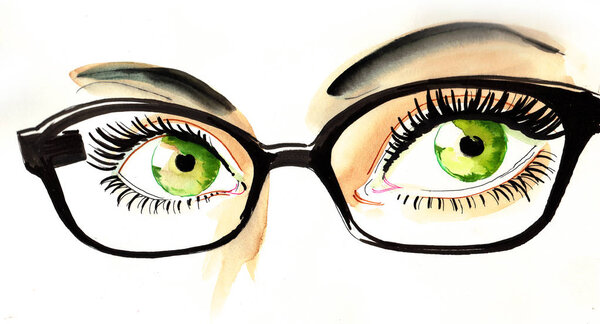Pretty green eyes in glasses. Ink and watercoloillustraion