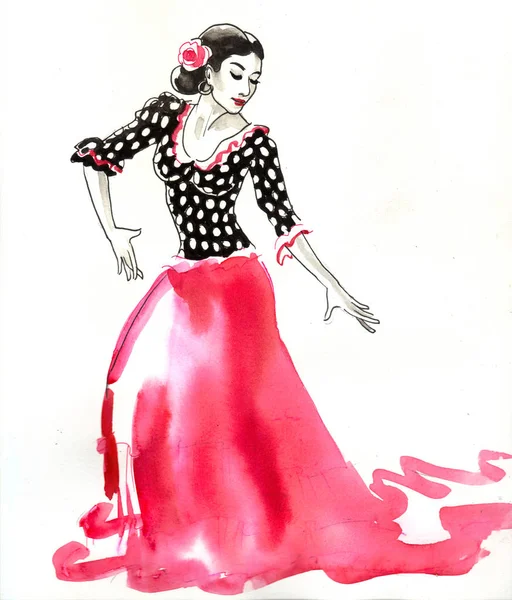 Beautiful Flamenco Dancer Red Skirt Black Blouse Ink Watercolor Illustration — Stock Photo, Image