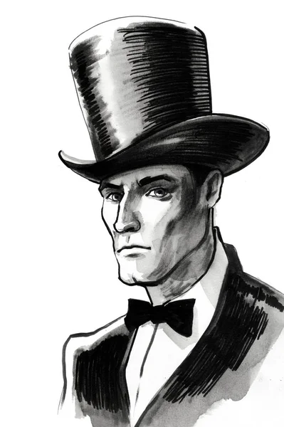 円柱帽子で紳士 インクの黒と白のレトロなスタイルのイラスト — ストック写真