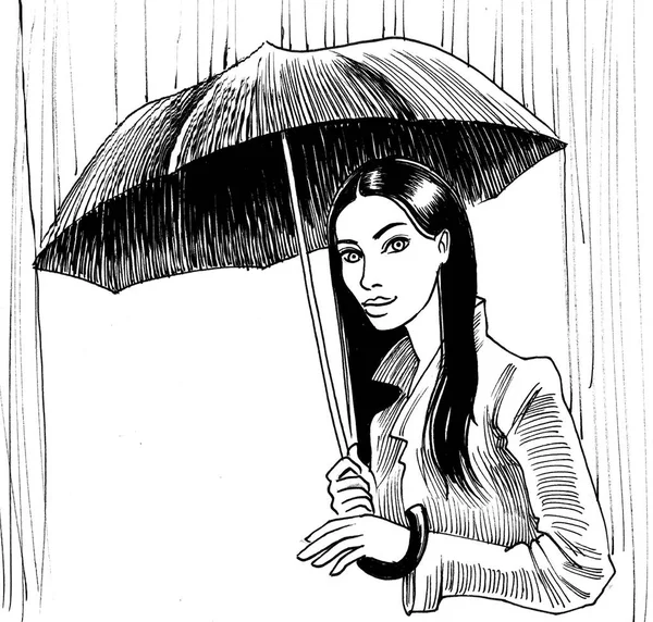 Pretty girl under the umbrella. Ink black and white sketch
