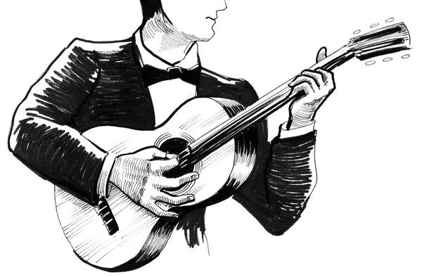 Músico Tocando Una Guitarra Dibujo Blanco Negro Tinta — Foto de Stock