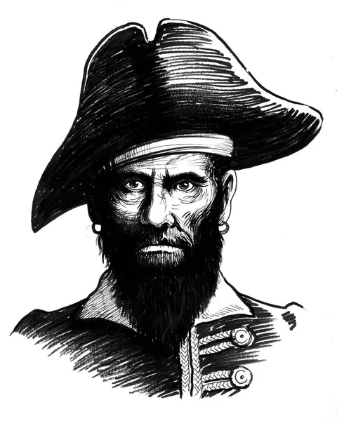 Capitano Pirata Barbuto Inchiostro Illustrazione Bianco Nero — Foto Stock