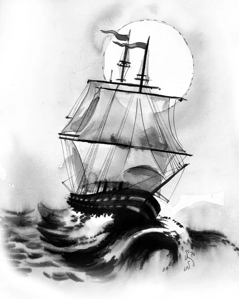 Sailing ship in stormy sea. Ink and watercolor sketch