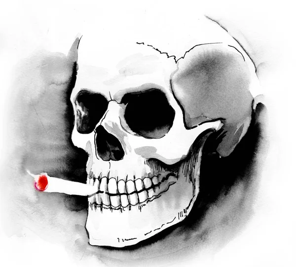 Teschio Umano Con Una Sigaretta Fumante Inchiostro Acquerello Schizzo — Foto Stock