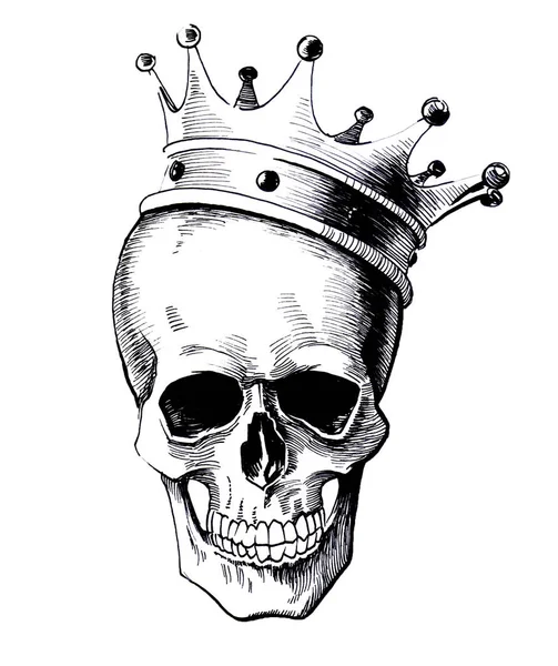 Human skull in crown. Ink black and white drawing