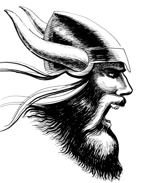 Wütender Wikingerkopf Helm Mit Hörnern Tusche Schwarz Weiß Zeichnung — Stockfoto