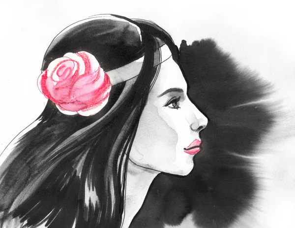 Красива Брюнетка Трояндовою Квіткою Волоссі Чорнило Акварельна Ілюстрація — стокове фото