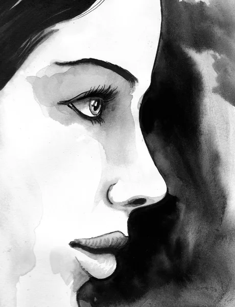 Magnifique Profil Femme Illustration Encre Aquarelle — Photo