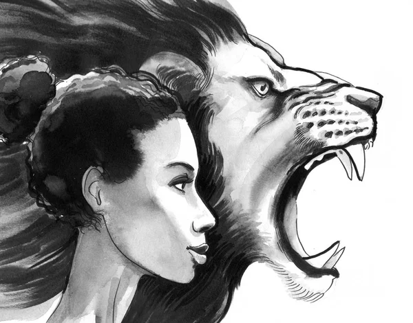 Όμορφη Γυναίκα Και Θυμωμένος Λιοντάρι Άσπρο Φόντο Μελάνη Και Υδατογραφία — Φωτογραφία Αρχείου