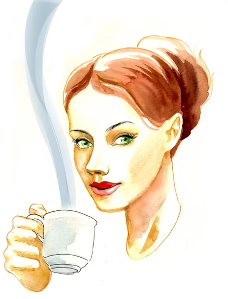 美丽的女人喝一杯茶 墨水和水彩插图 — 图库照片