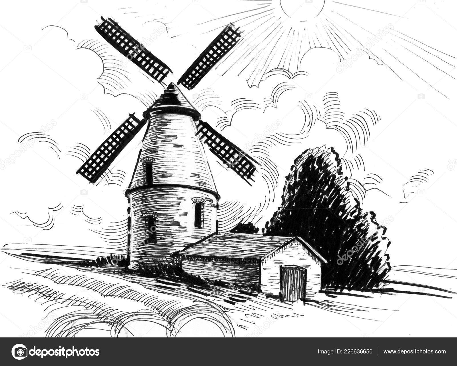 Antigo moinho de vento. desenho de tinta preto e branco