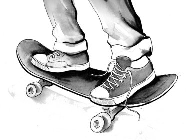 Bir kaykay üzerinde duran spor ayakkabı ayakkabı ayaklarda. Mürekkep ve suluboya resim